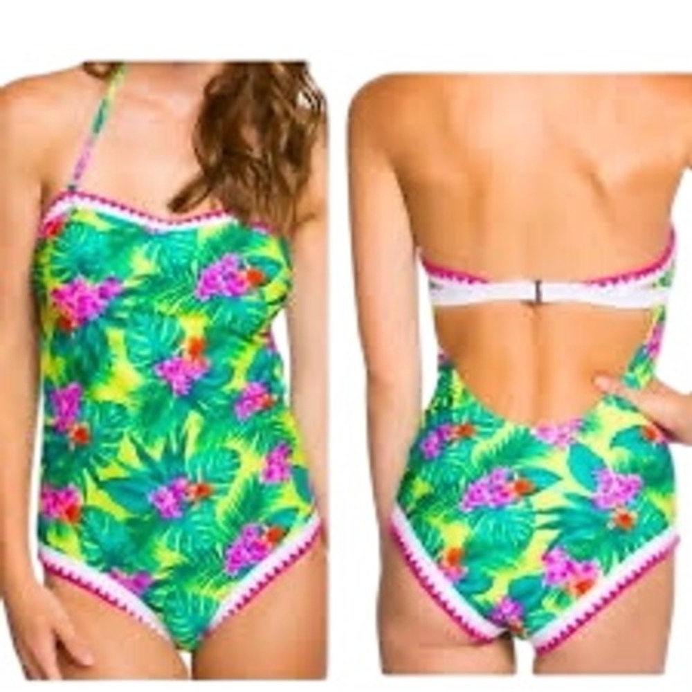 BETSEY JOHNSON Floral One-Piece Swimsuit, Removable Halter Strap, Size Medium